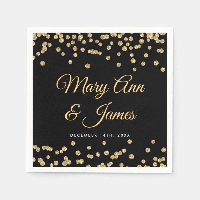Elegant Wedding Gold Faux Glitter Confetti Black Paper Napkins (Front)