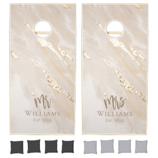 Elegant Wedding Gold Foil Marble Monogram Script Cornhole Set