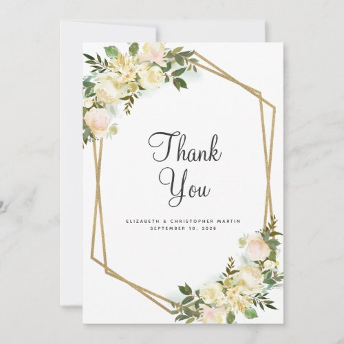 Elegant Wedding Gold Frame Floral Watercolor White Thank You Card