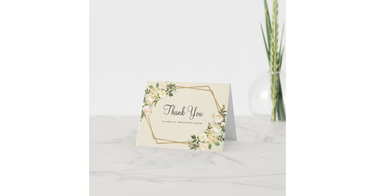 Elegant Wedding Gold Frame Rose Floral Watercolor Thank You Card | Zazzle