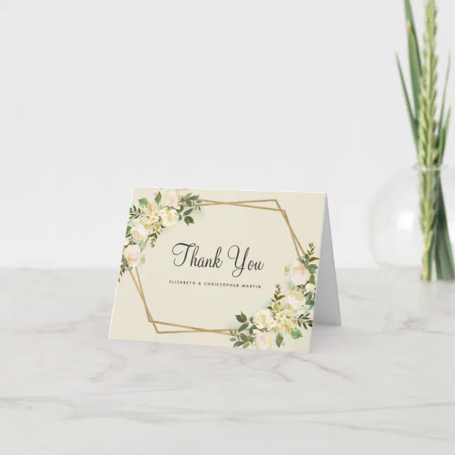 Elegant Wedding Gold Frame Rose Floral Watercolor Thank You Card | Zazzle