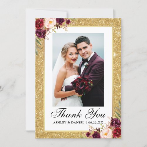 Elegant Wedding Gold Glitter Burgundy Floral Photo Thank You Card