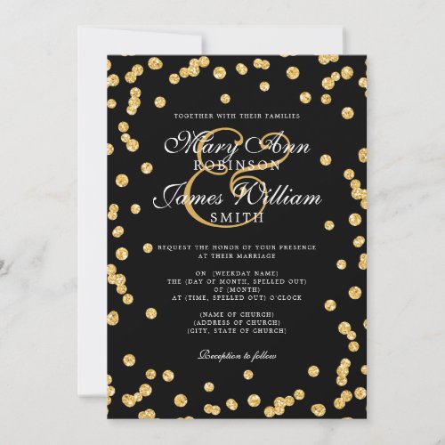 Elegant Wedding Gold Glitter Confetti Black  Invitation