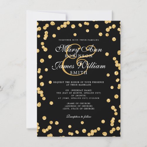 Elegant Wedding Gold Glitter Confetti Black Invitation