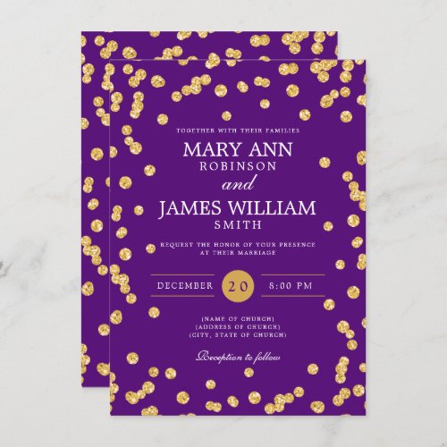 Elegant Wedding Gold Glitter Confetti Purple  Invitation