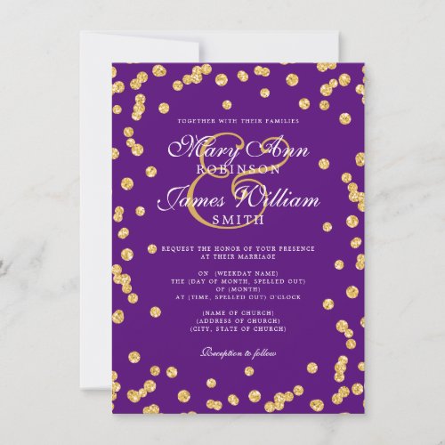 Elegant Wedding Gold Glitter Confetti Purple  Invitation