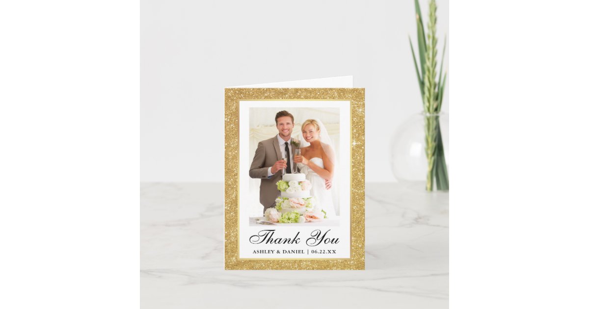 Elegant Wedding Gold Glitter Frame Photo Note Thank You Card | Zazzle