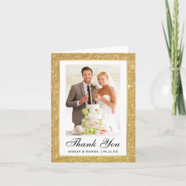 Elegant Wedding Gold Glitter Frame Photo Note Thank You Card | Zazzle
