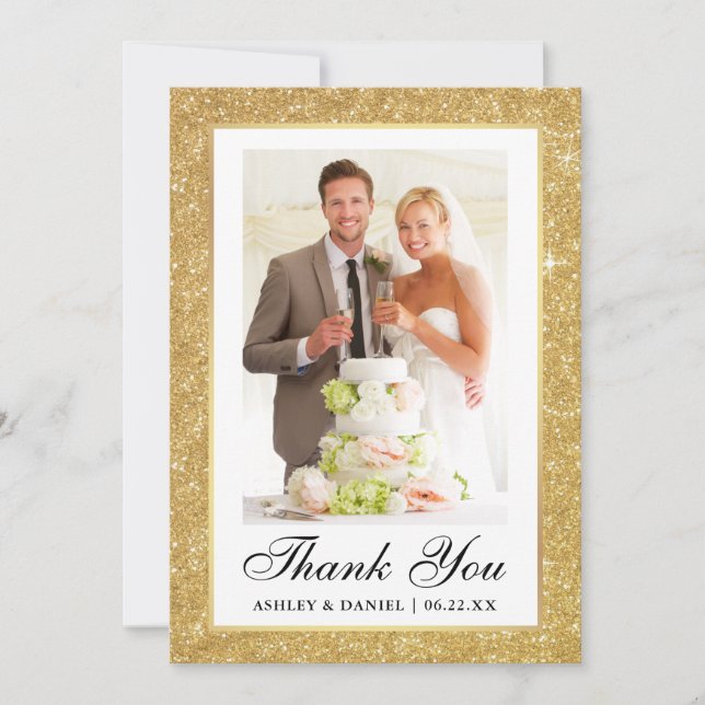 Elegant Wedding Gold Glitter Frame Photo Thank You Card (Front)