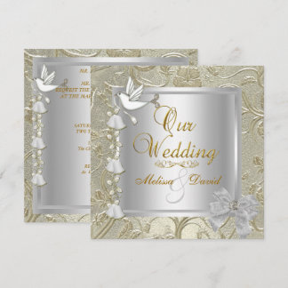 Elegant Wedding Gold Silver White Dove Damask Invitation