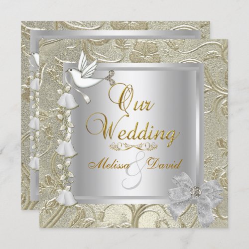 Elegant Wedding Gold Silver White Dove Damask Invitation