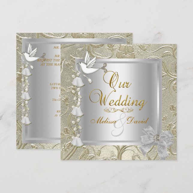 Elegant Wedding Gold Silver White Dove Invitation (Front/Back)