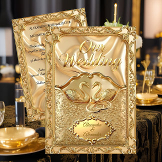 Elegant Wedding Golden Swans Rings Gold Diamonds Invitation