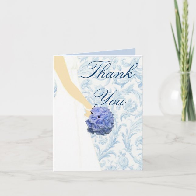 Elegant Wedding Gown Blue Thank You Card (Front)
