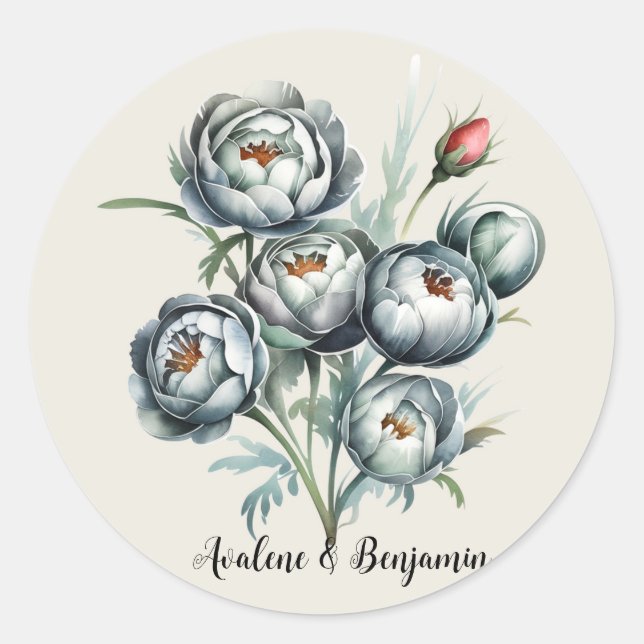 Elegant Wedding Green and Gray Bouquet Classic Round Sticker (Front)