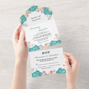 Elegant Wedding Green Beige Roses Flowers All In One Invitation