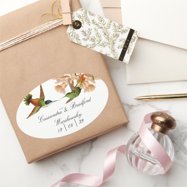 Elegant Wedding Green Hummingbird Blush Pink Oval Sticker (Gifting)