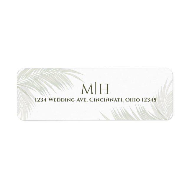 Elegant Wedding Green Monogram Palm Leaves Label (Front)