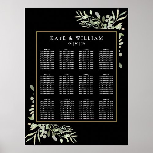 Elegant Wedding Greenery Black Gold Seating Chart