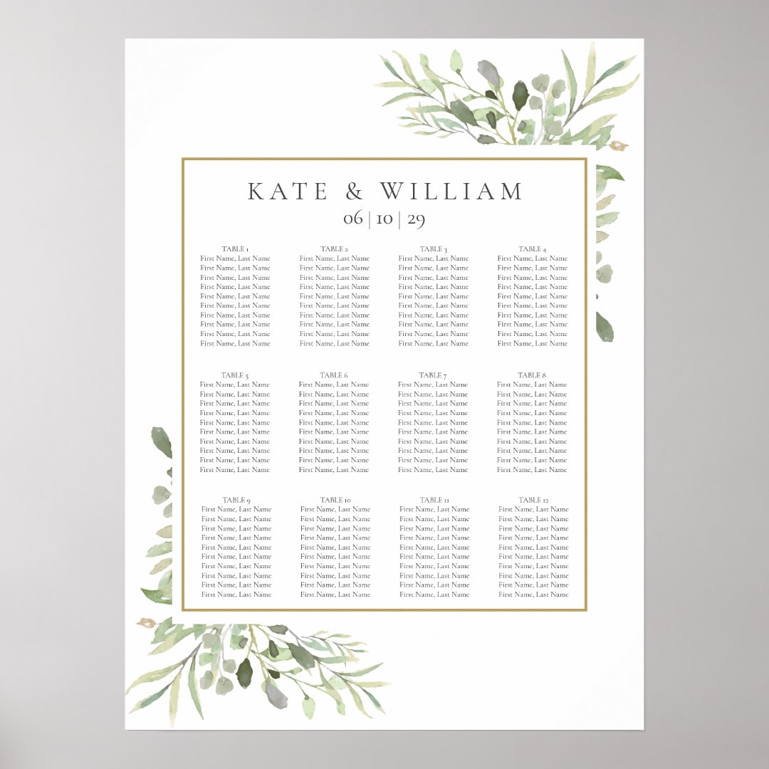 Elegant Wedding Greenery Eucalyptus Seating Chart | Zazzle