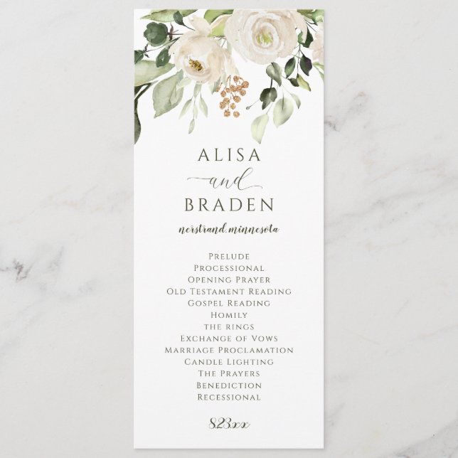 Elegant Wedding Greenery Foliage White Floral Program (Front)