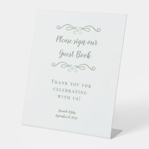 Elegant Wedding Guest Book Calligraphy Sage Green Pedestal Sign