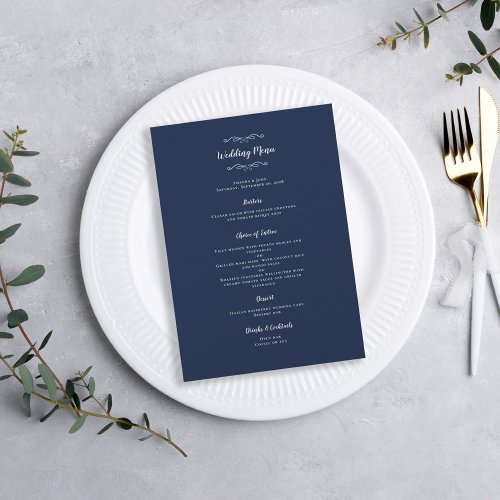 Elegant Wedding Guest Calligraphy Navy Blue Dinner Menu