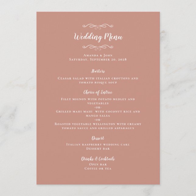 Elegant Wedding Guest Calligraphy Rose Gold Dinner Menu (Front)
