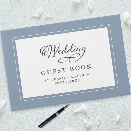 Elegant Wedding Guestbook Dusty Blue Border