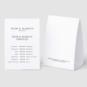 Elegant Wedding Hair Makeup Timeline Bridal Party Paper Table Tent