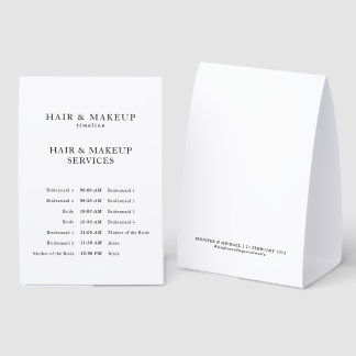 Elegant Wedding Hair Makeup Timeline Bridal Party Paper Table Tent