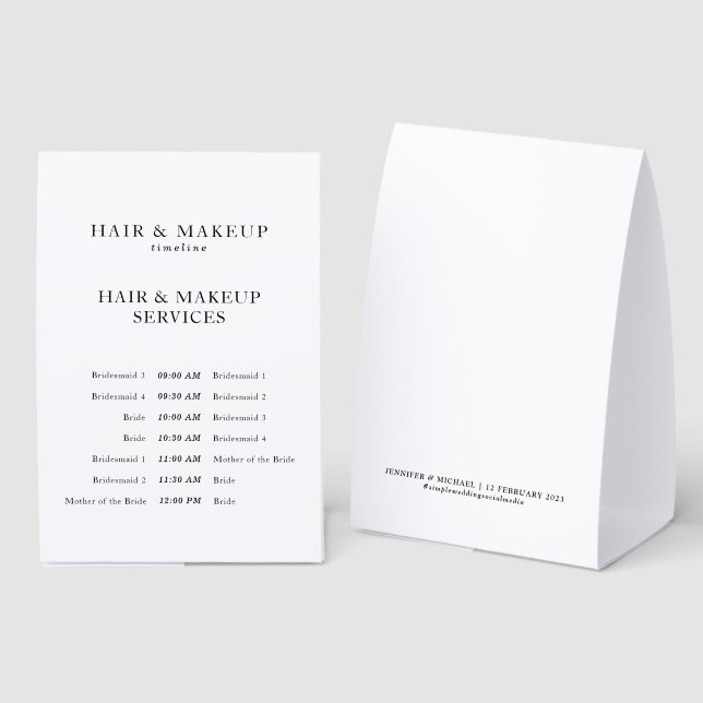 Elegant Wedding Hair Makeup Timeline Bridal Party Paper Table Tent (Front/Back)