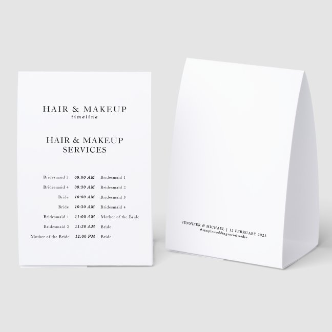Elegant Wedding Hair Makeup Timeline Bridal Party Paper Table Tent
