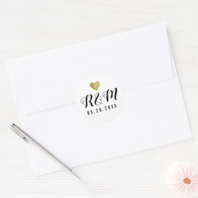 Elegant Wedding handwritten monogram black/white  Classic Round Sticker (Envelope)