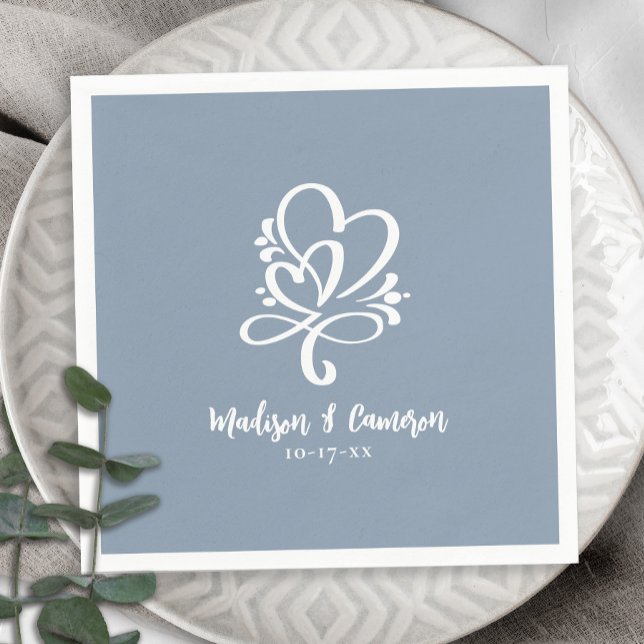 Elegant Wedding Hearts Calligraphy Chic Dusty Blue Napkins (Creator Uploaded)