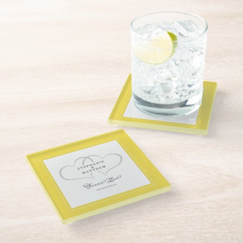 Elegant Wedding Hearts Forever Love Yellow White Glass Coaster