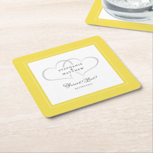 Elegant Wedding Hearts Forever Love Yellow  White Square Paper Coaster