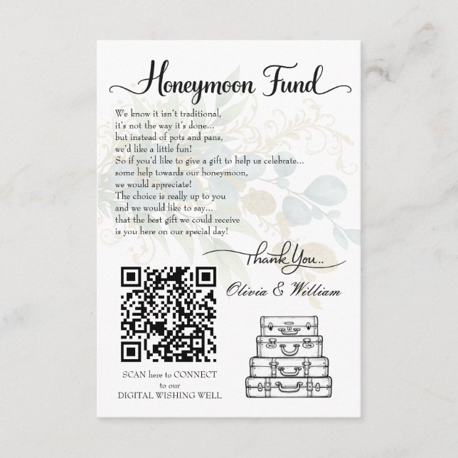 Elegant Wedding Honeymoon Fund QR Code Registry Enclosure Card (Front)