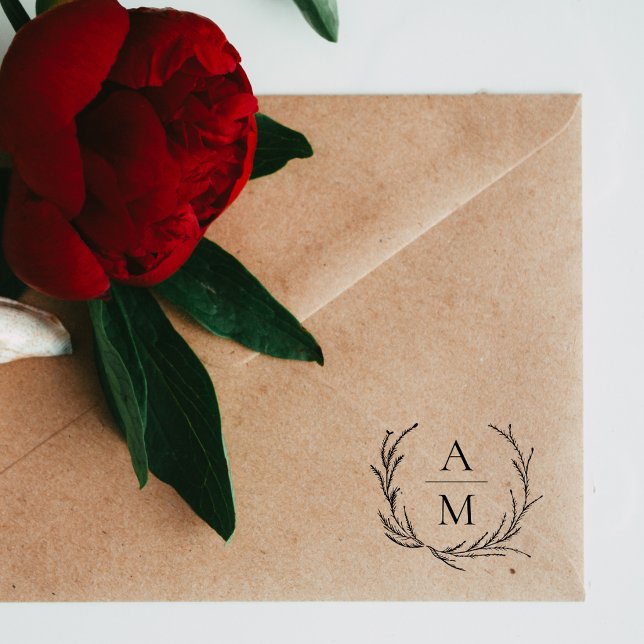Elegant Wedding Initials Botanical Wreath Rubber Stamp (Creator Uploaded)
