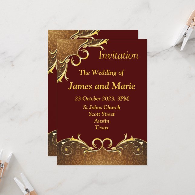 Elegant Wedding Invitation, bergundy/gold scroll Invitation (Front/Back In Situ)