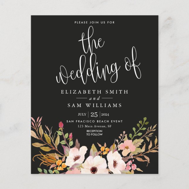 Elegant Wedding Invitation Black Floral Budget  Flyer (Front)