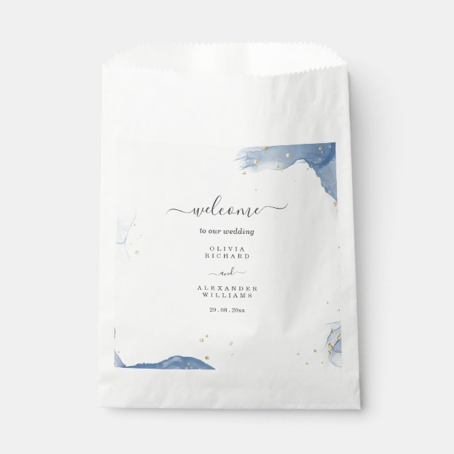 Elegant Wedding Invitation Blue and Gold Minimal Favor Bag (Front)