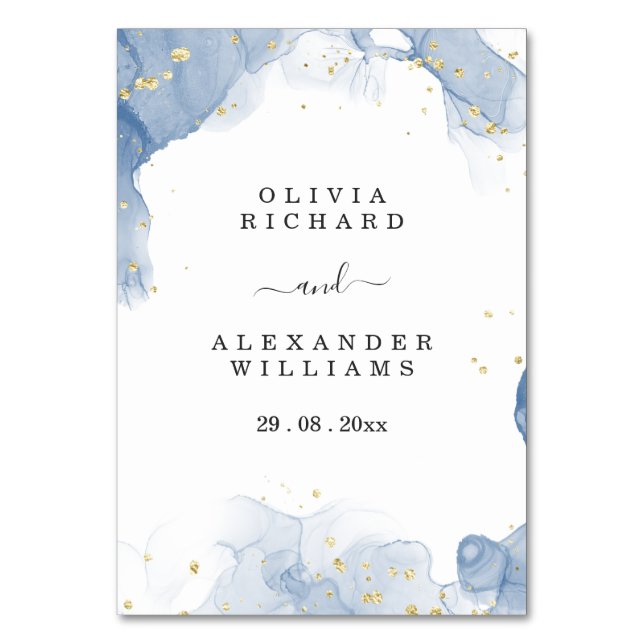 Elegant Wedding Invitation Blue and Gold Minimal Table Number (Front)