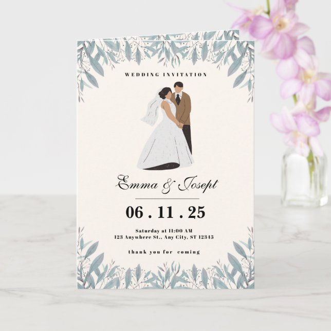 Elegant Wedding Invitation Card with Bride & Groom (Orchid)