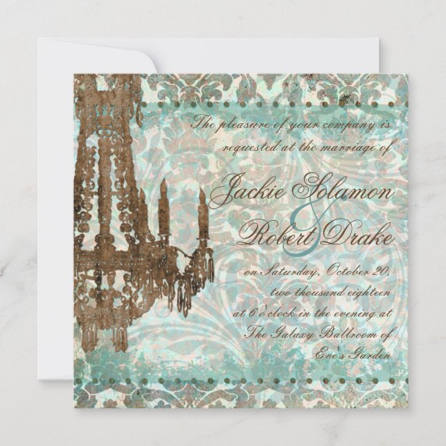 Elegant Wedding Invitation Chandelier Vintage Teal (Front)
