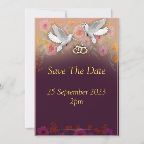 Elegant Wedding Invitation doves and rings purple Invitation