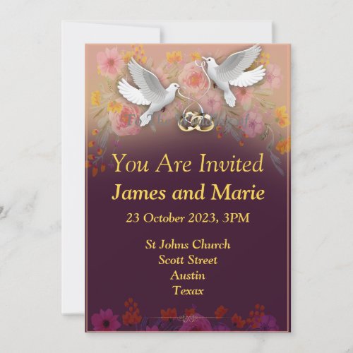 Elegant Wedding Invitation doves and rings purple Invitation