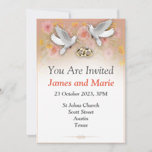 Elegant Wedding Invitation, doves and rings white Invitation