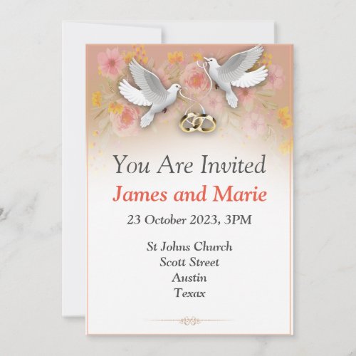 Elegant Wedding Invitation doves and rings white Invitation