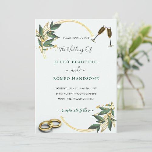 Elegant Wedding Invitation Gold Leaves Rings Toast